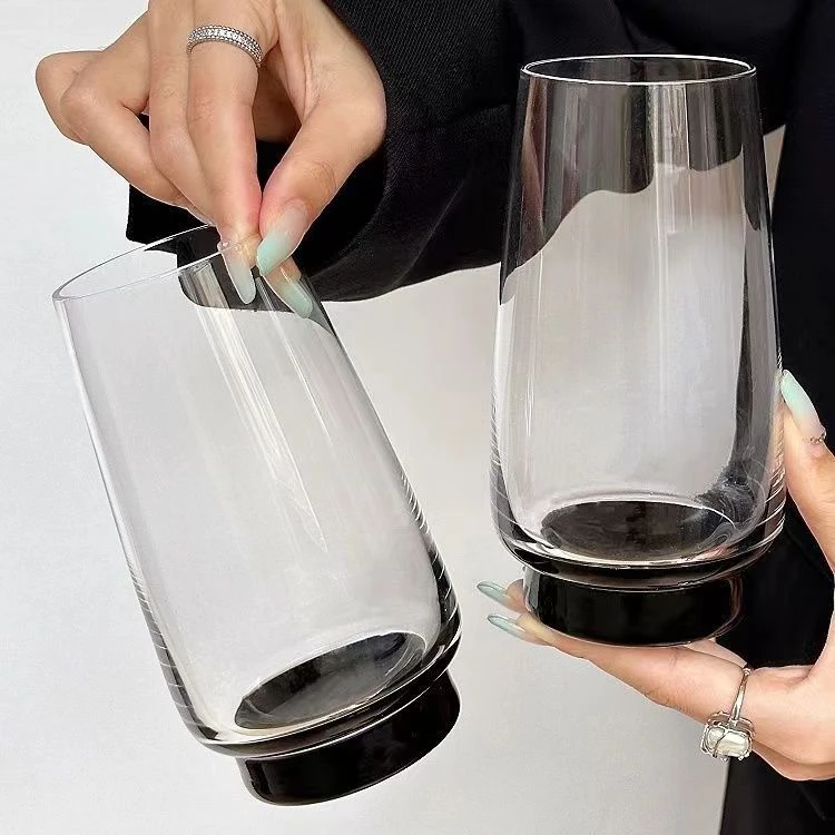 媚家两只装简约ins风黑底玻璃杯个性果茶咖啡牛奶杯家用透明水杯