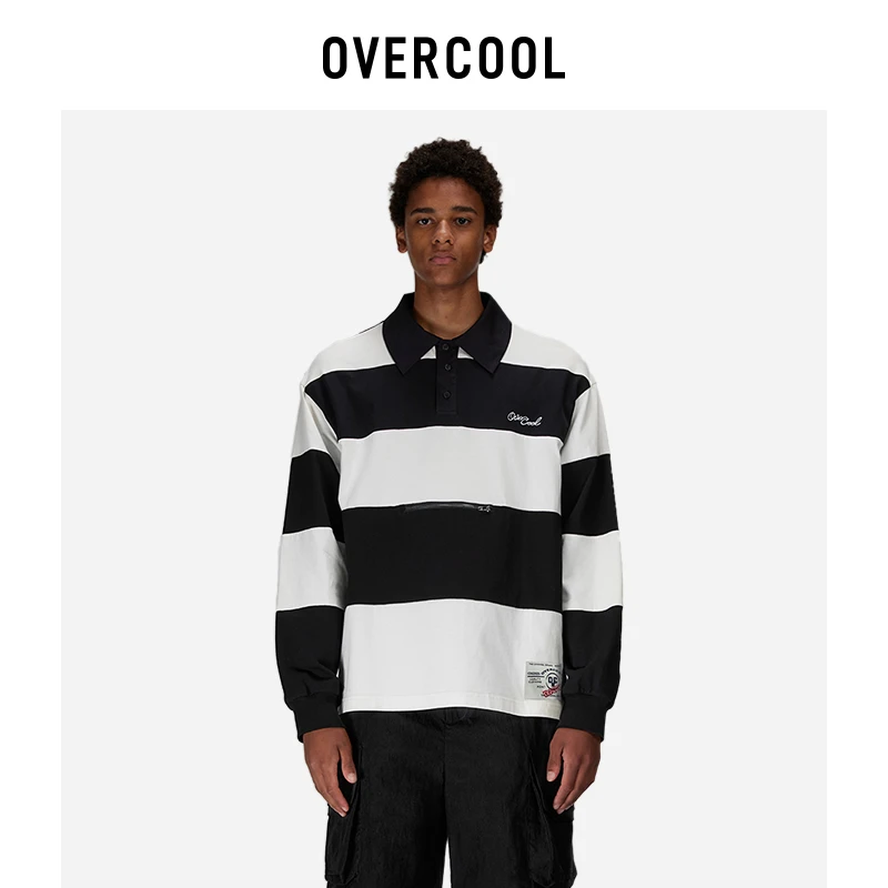 OVERCOOL秋季新款潮牌男士宽松休闲撞色条纹拼接长袖套头POLO上衣