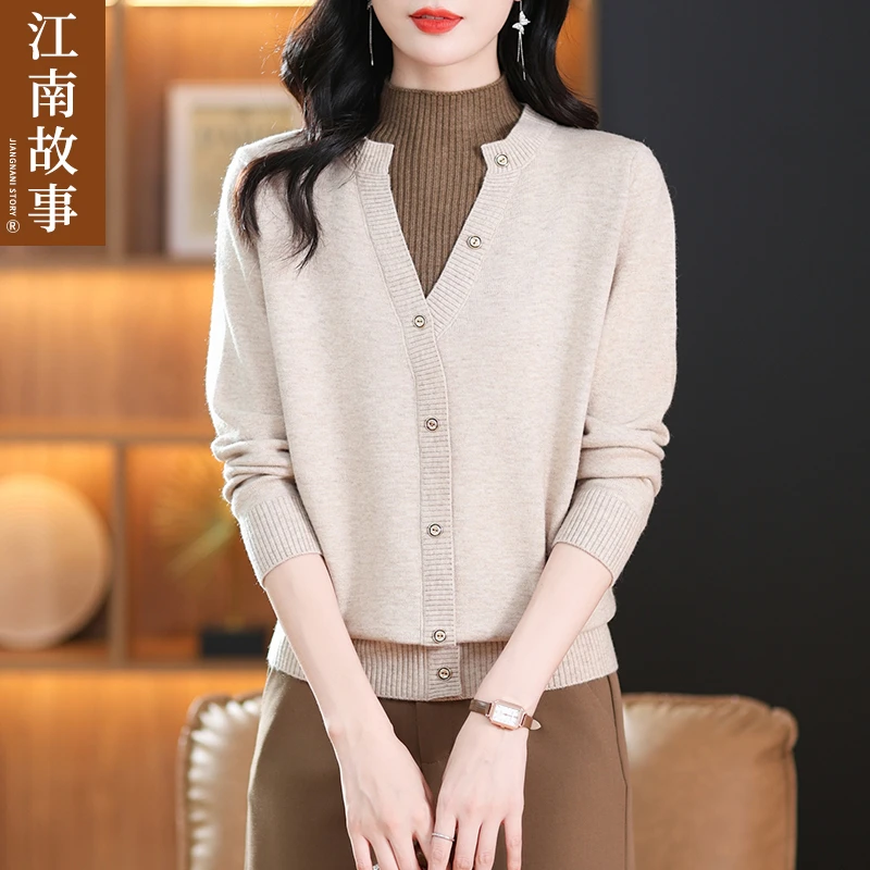 江南故事秋季妈妈装半高领假两件针织衫中老年洋气大码时尚打底衫