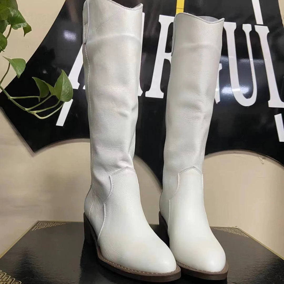 【哈如贵爆款中跟女靴 】超软皮显瘦长靴白色长筒靴时尚女士真皮