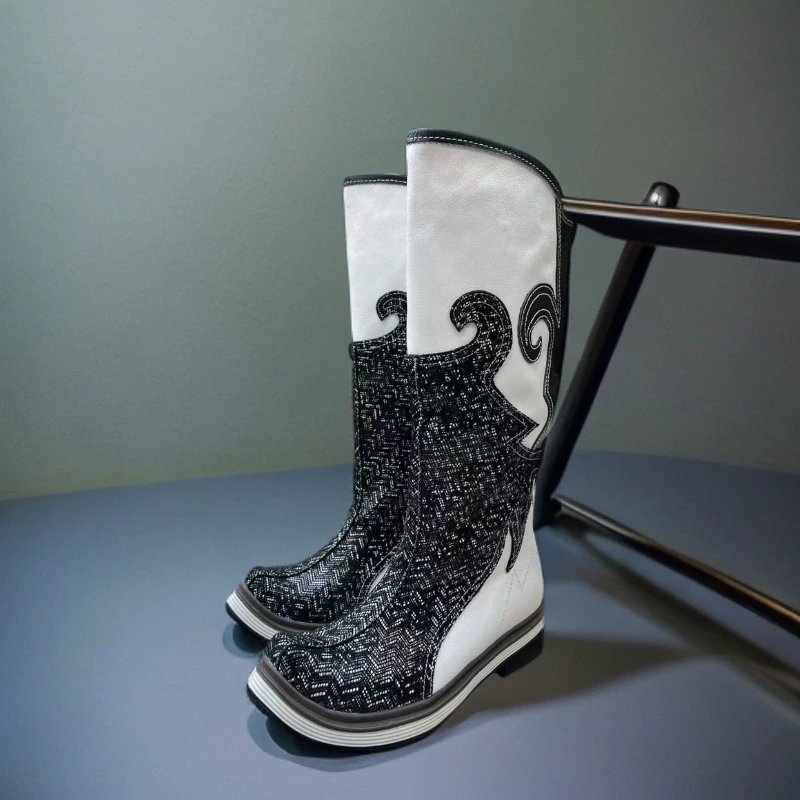 新款时装蒙古靴黑白潮流骑士秋冬长筒时尚女士里外全皮厚底套筒