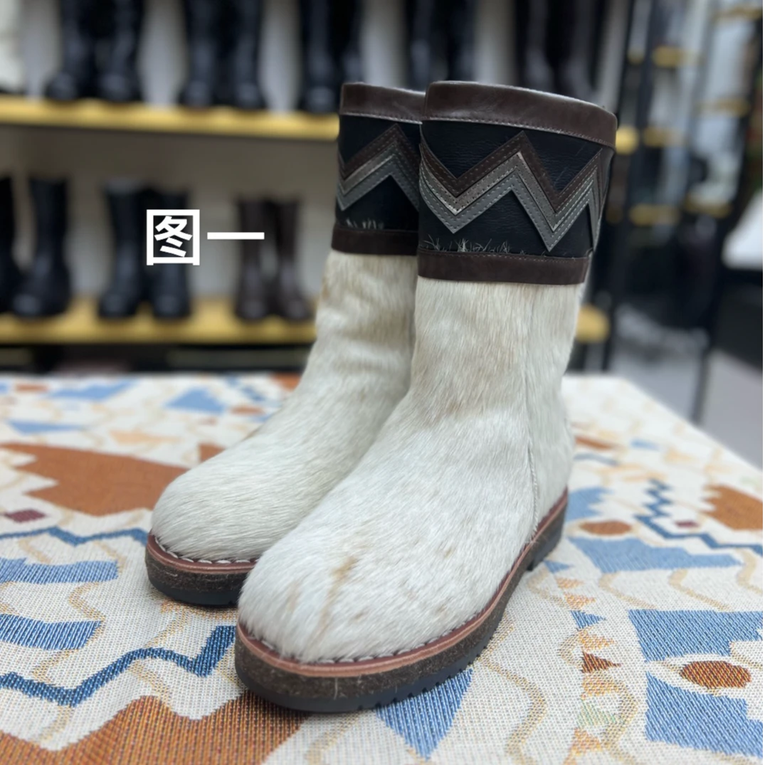 43码男士马皮毛一体靴靴子民族风厚底中筒雪地靴冬季男款舒适圆头