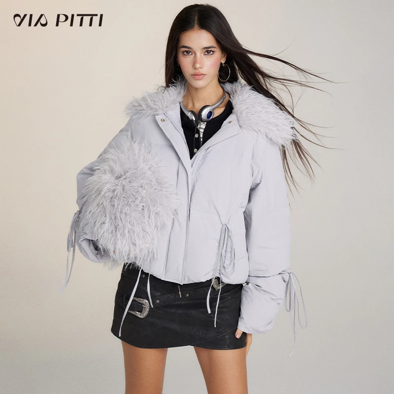 ViaPitti【官方专属】好羽绒毛领抽绳蝴蝶结90白鸭绒羽绒服V24DC176