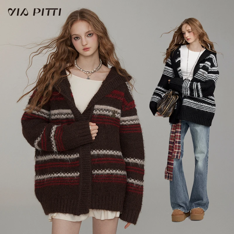 ViaPitti【官方专属】重工加厚条纹带帽毛织开衫外套V24DK286