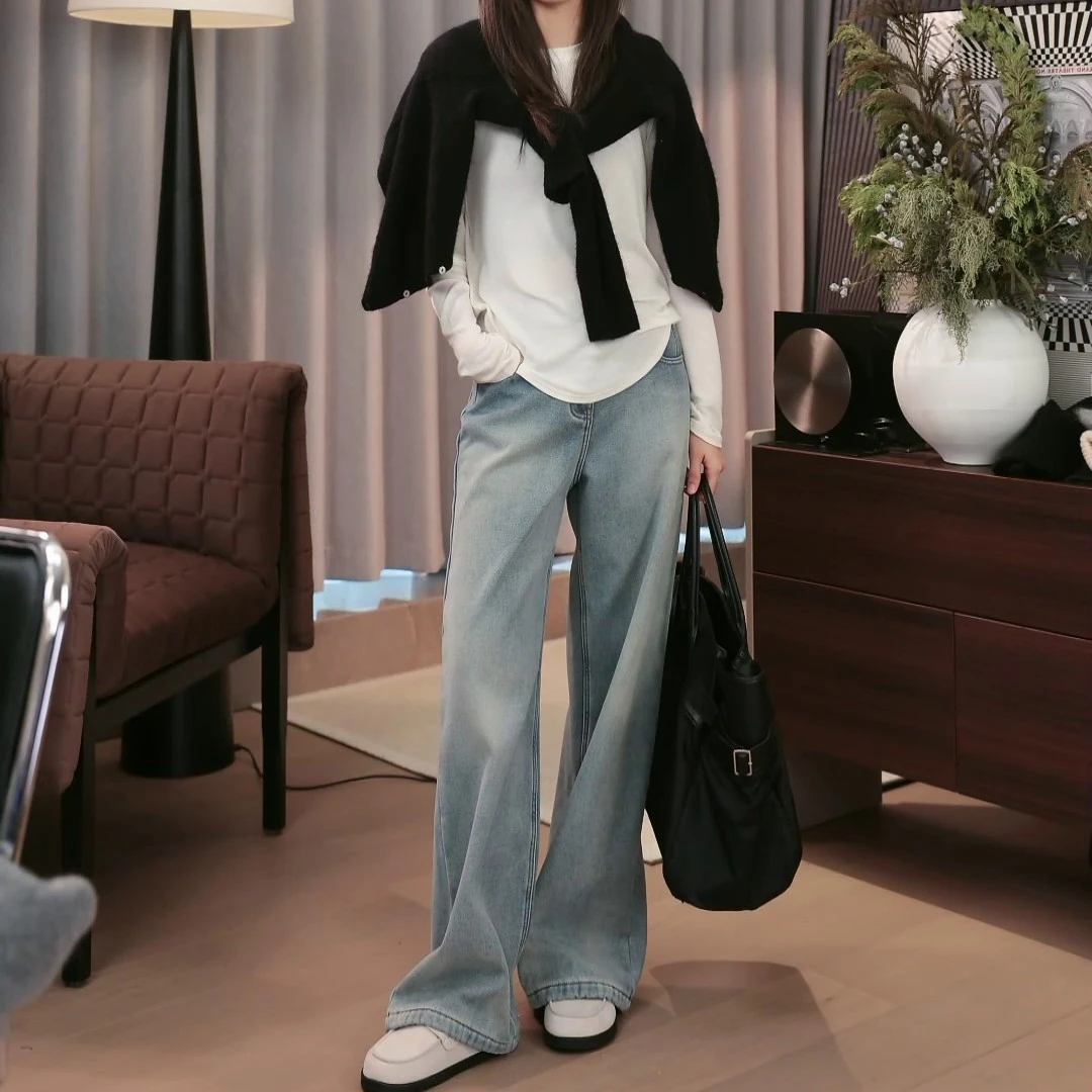 MY打CALL秋冬季新款女高端宽松显瘦直筒阔腿牛仔裤长裤加绒加厚