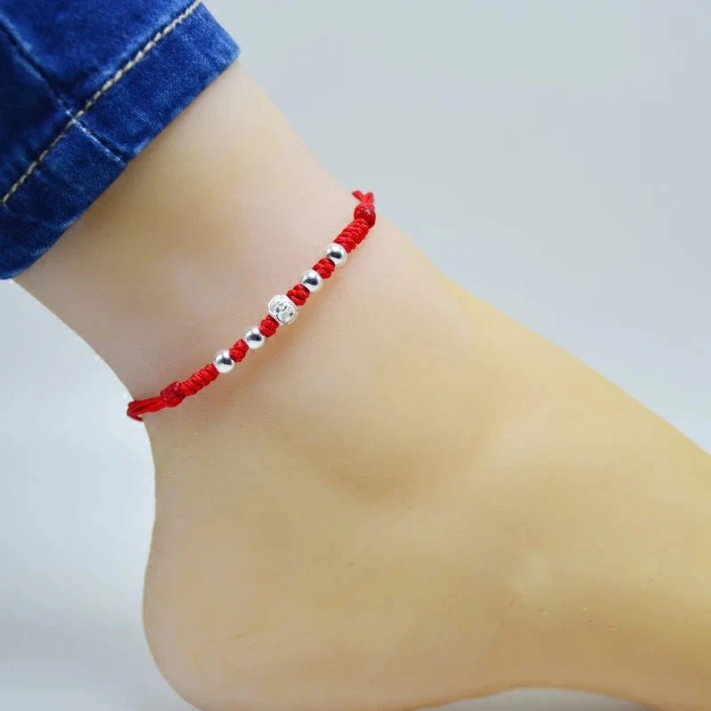 925银手链 925纯银转运珠红绳红脚链脚绳情侣款本命年手工编红绳