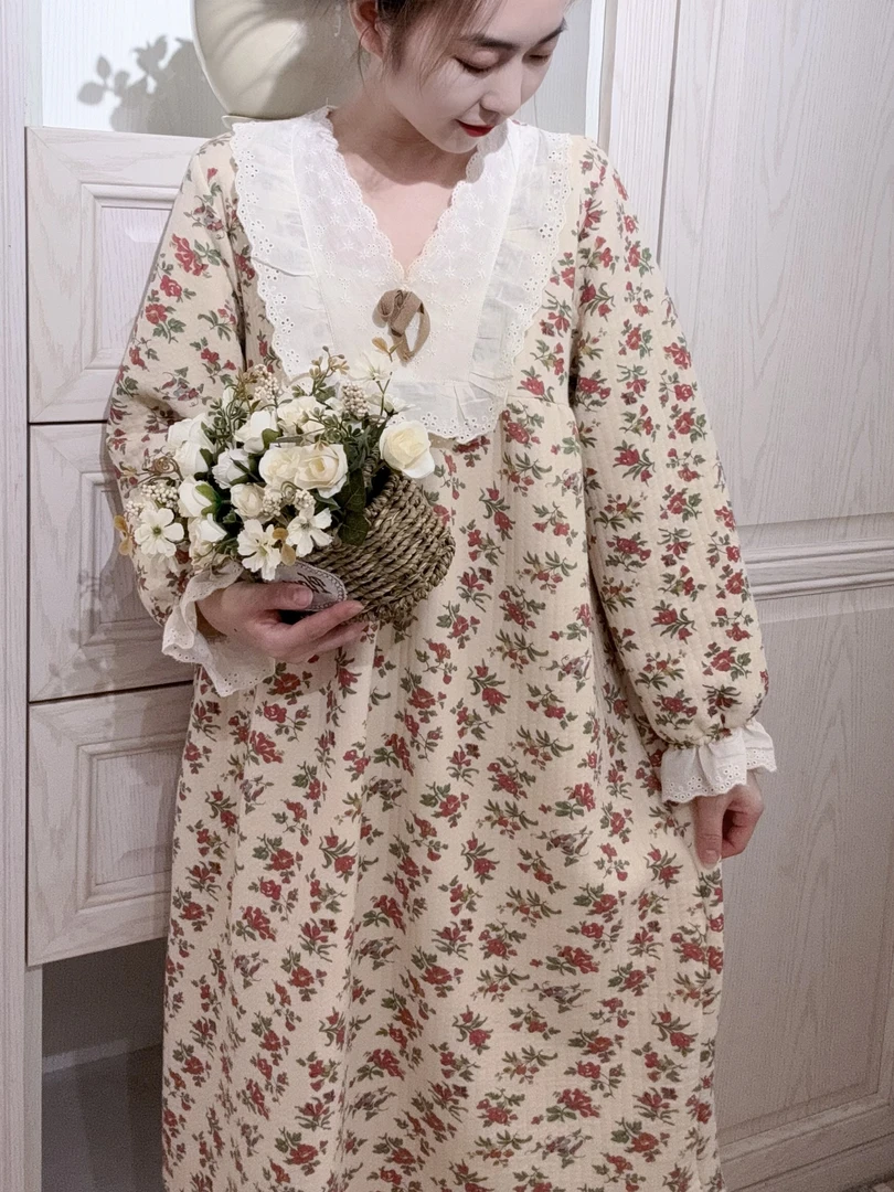 冬季厚空气棉套头女睡衣纯棉宽松大码蕾丝时尚保暖家居服甜美