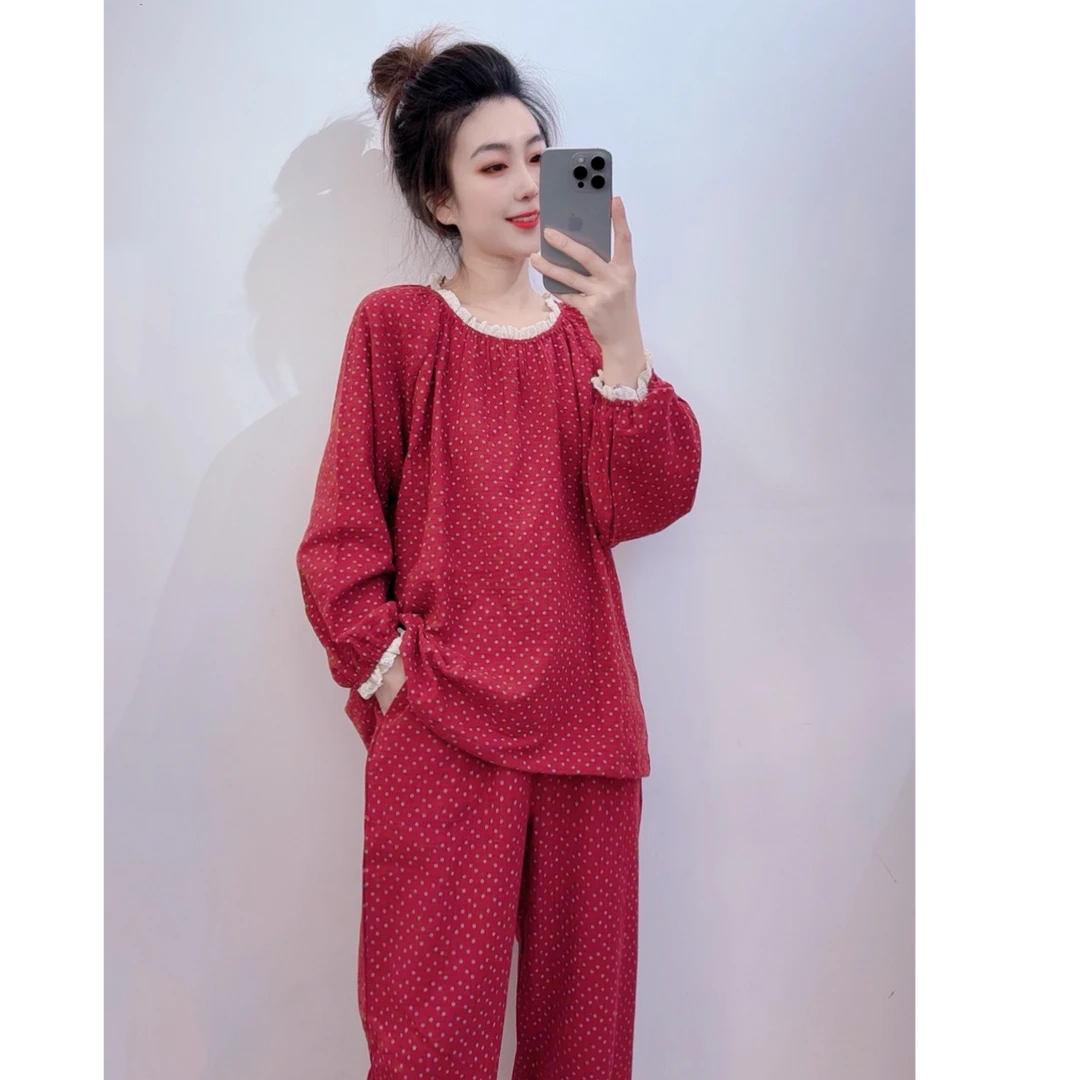 韩版纯棉双层纱套头宽松新年限定红色甜美碎花网红家居服套装长袖