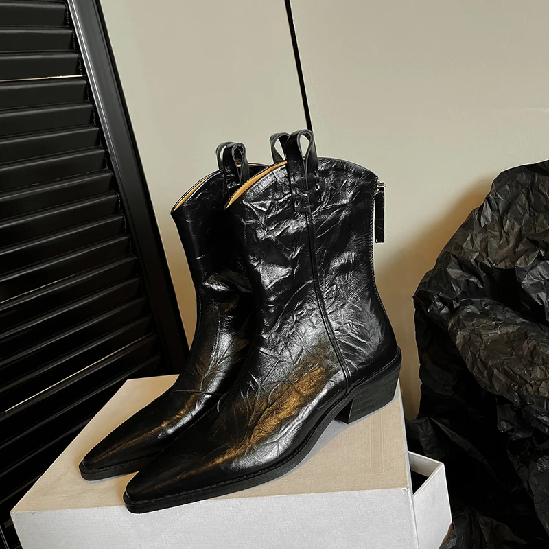 尖头短靴女真皮粗跟中跟裸靴复古V口靴子百搭小众显瘦西部牛仔靴