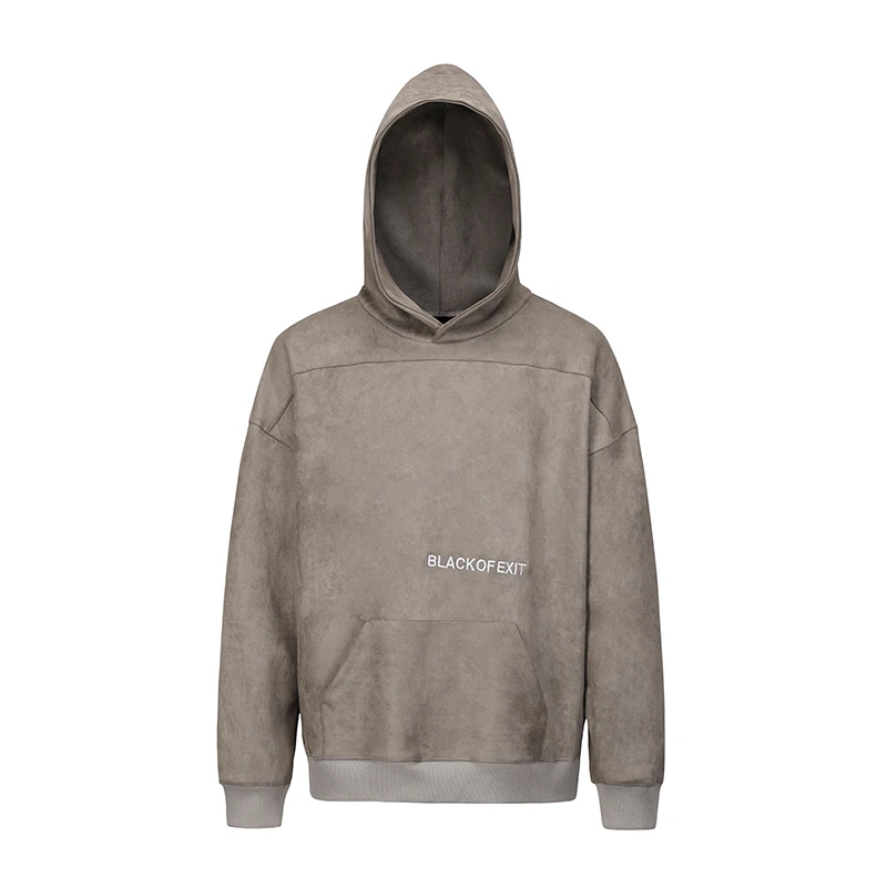 BLACK OF EXIT 原创高街刺绣麂皮宽松连帽卫衣男小众立体剪裁帽衫