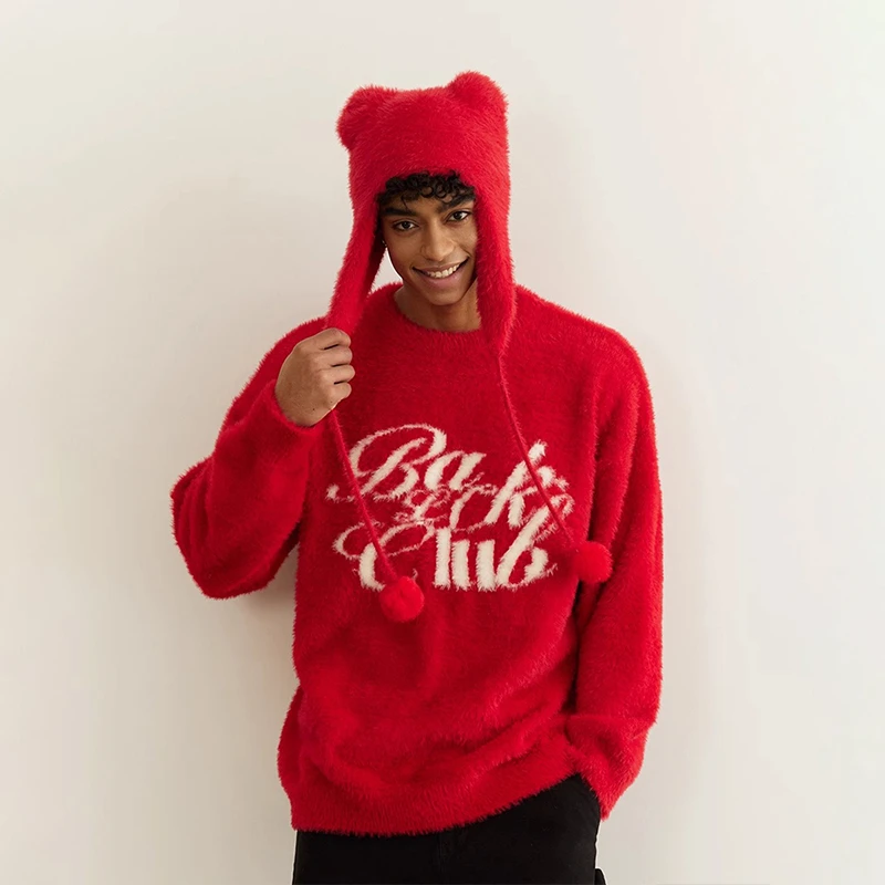 BLACK OF EXIT新年限定红色水貂毛宽松毛衣男女氛围感带帽针织衫