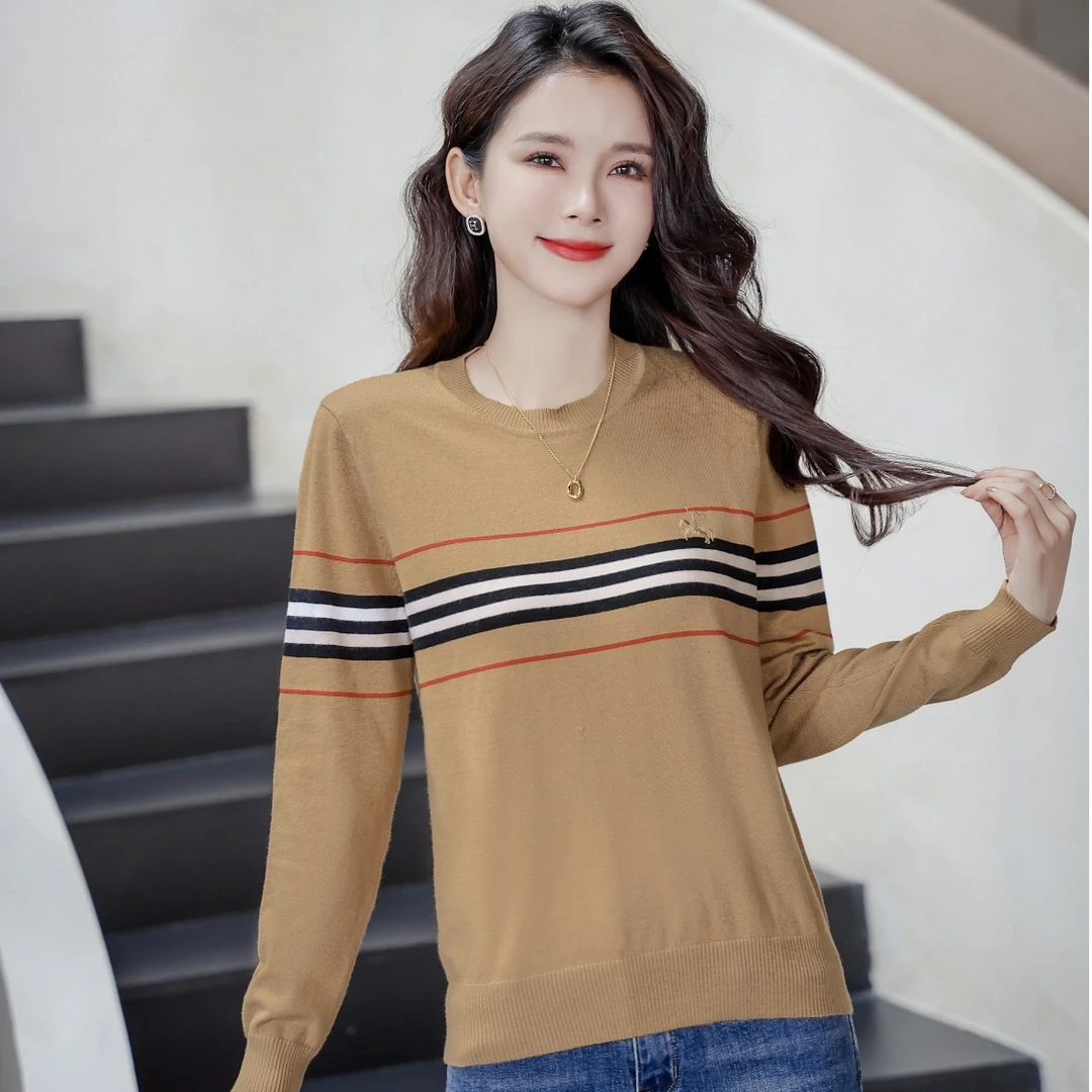 秋冬新款轻奢纯色羊毛衫英伦风圆领长袖打底衫时尚格纹女士针织衫
