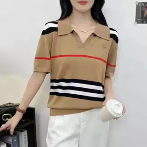 春秋季欧洲站英伦风百搭短袖女士条纹POLO领薄款针织衫时尚T恤女