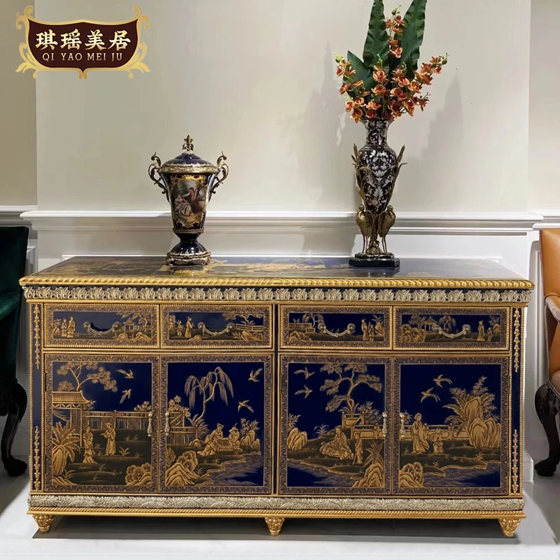 欧式古典彩绘玄关柜法式宫廷实木餐边柜亚历山大别墅门厅装饰柜