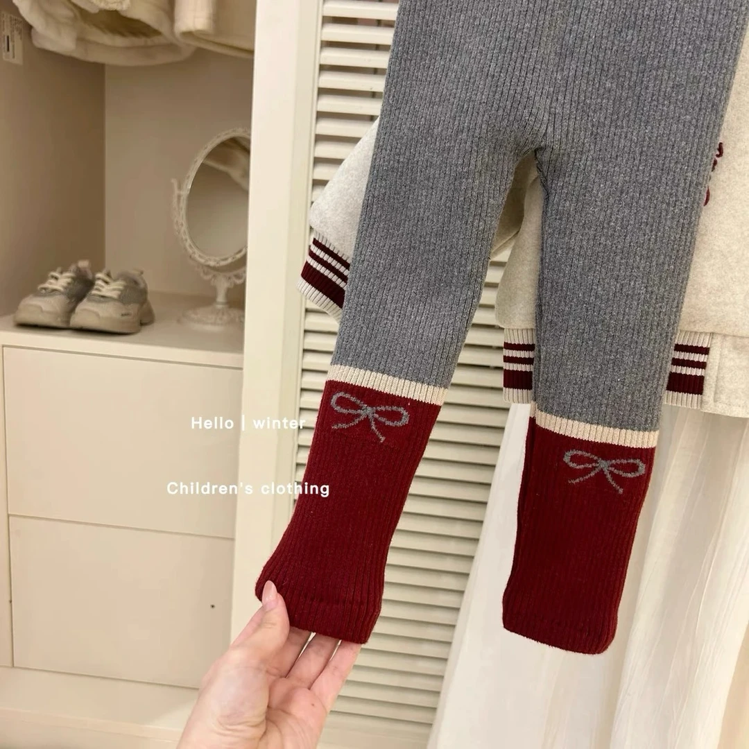 女童加绒加厚打底裤2024新款冬装小童女宝蝴蝶结洋气毛线针织裤子