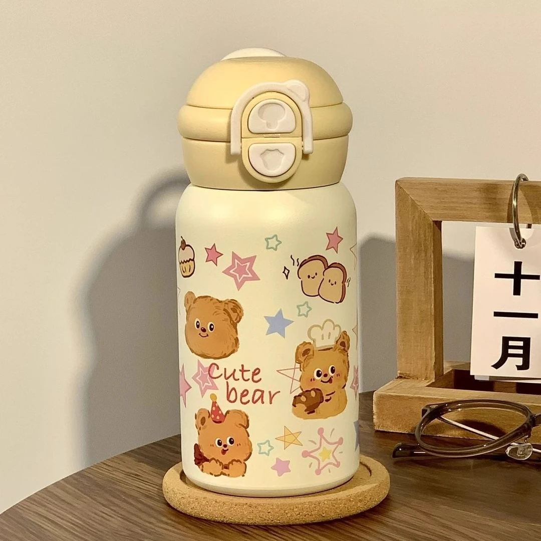 黄油小熊保温杯大容量可爱杯子带吸管2024新款学生高颜值水杯手提