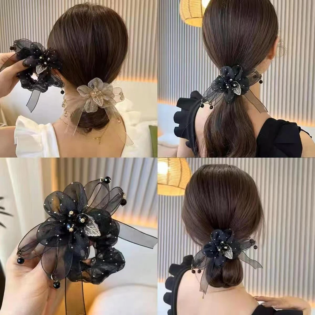 网纱蝴蝶结发圈花朵头花皮筋女扎头发饰发绳简约百搭马尾头绳头饰