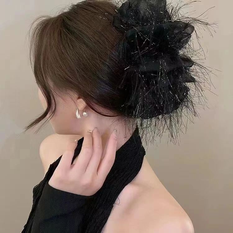 多层蝴蝶结发夹女脑勺发饰大号羽毛抓夹高级感显发量头饰鲨鱼夹子