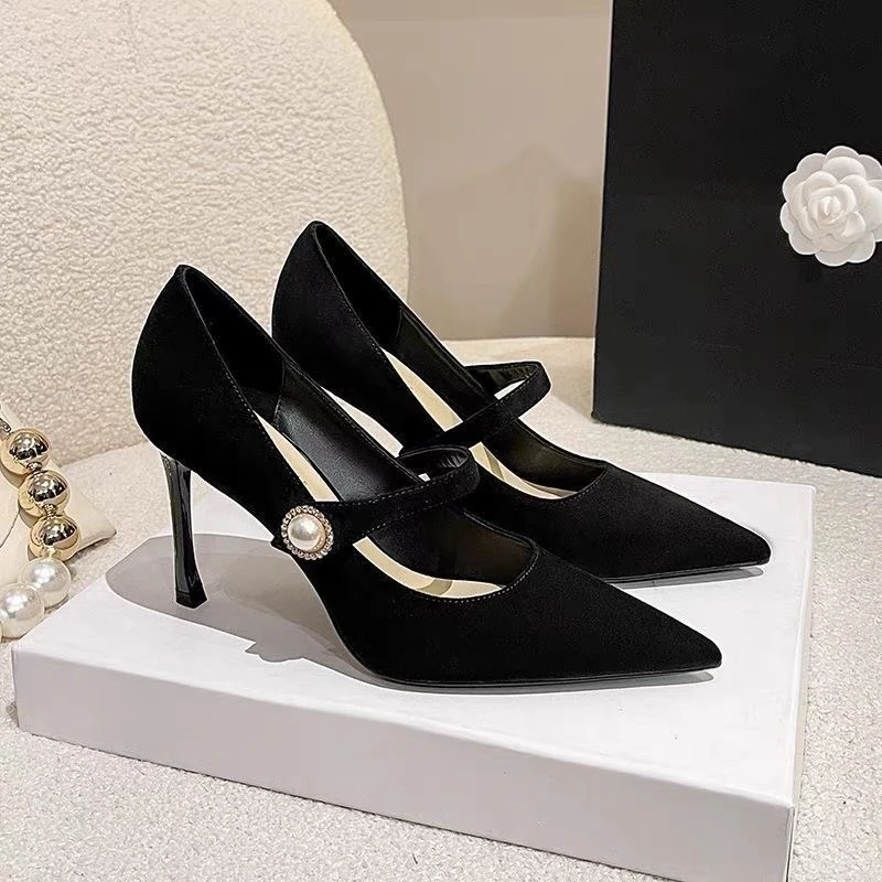 魔术贴黑色尖头高跟鞋女2024新款女细跟气质名媛高级感女小众百搭