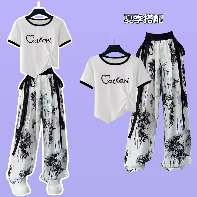 国潮风套装冰丝时尚短袖长裤T恤女洋气新款高级潮流夏装套装