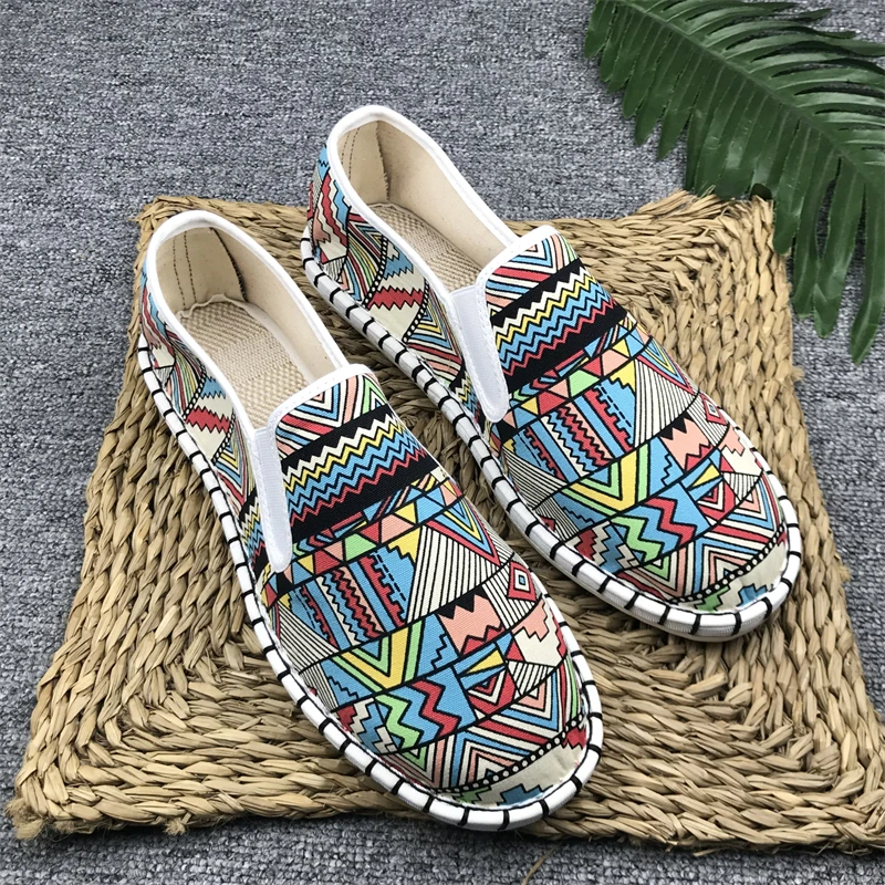 夏季名族风帆布迷彩布老北京布鞋男懒人一脚蹬透气防臭软底牛筋底