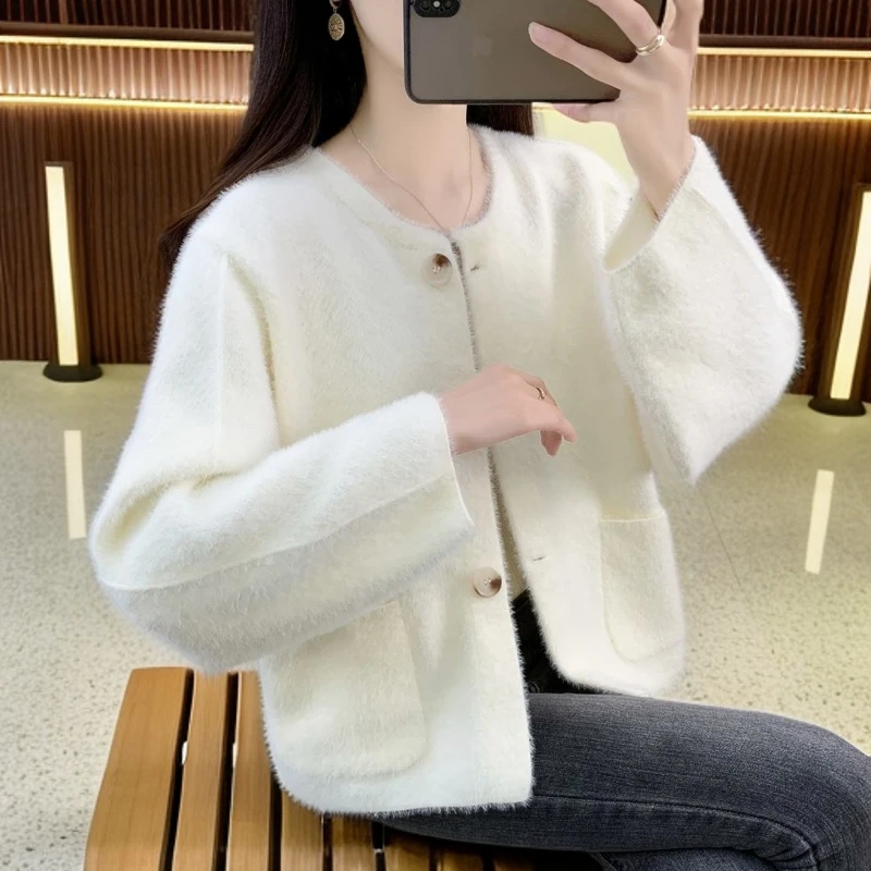 水貂绒宽松百搭灯笼袖小香风外套女针织圆领时尚气质网红款短款