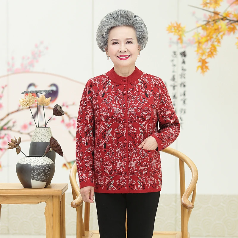 气质中老年妈妈装复古繁花毛衣外套2016