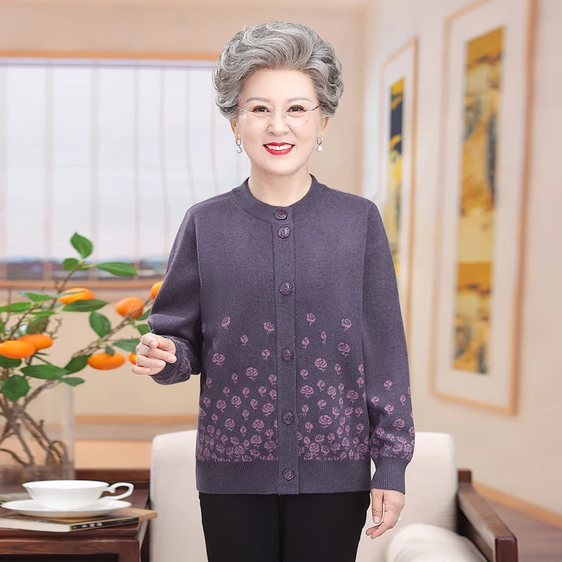 气质中老年妈妈装三色系扣保暖针织毛衣218