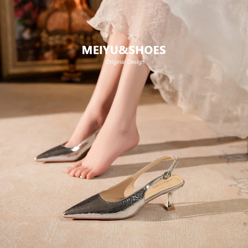 包头凉鞋女外穿细跟银色气质名媛高跟鞋性感一字带设计感高跟女鞋