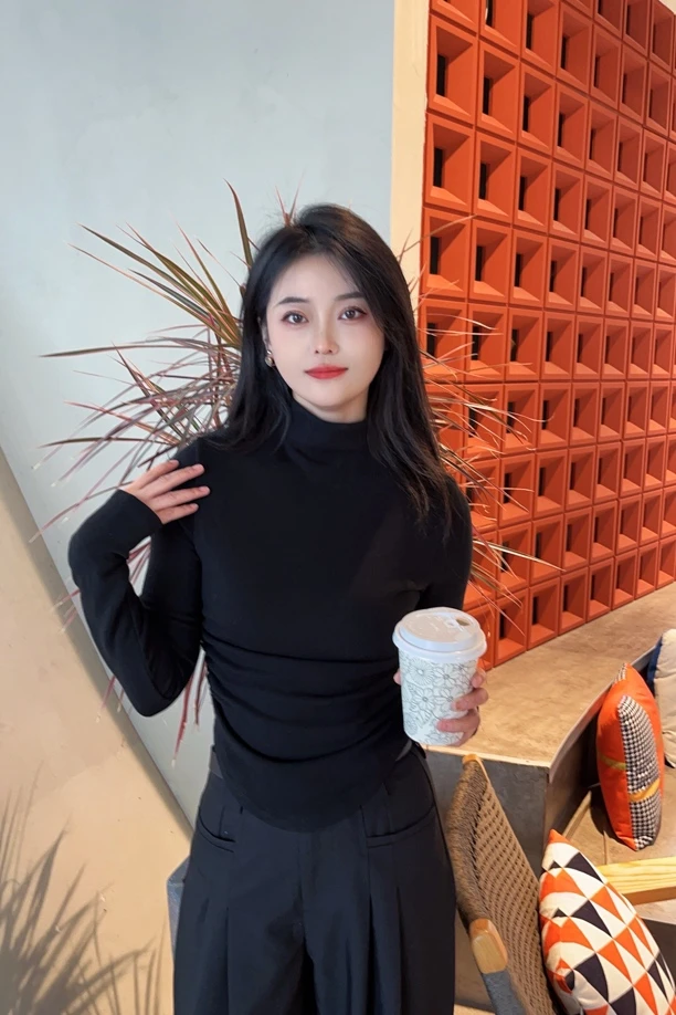 磨毛含棉纯色弹力半高领打底衫束腰修身长袖上衣2024秋冬季新款