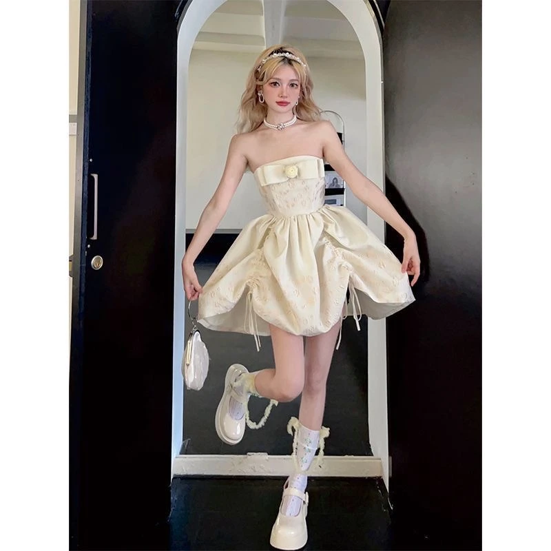 法式公主风小礼裙优雅高级感抹胸仙女裙连衣裙蓬蓬裙蕾丝礼服气质