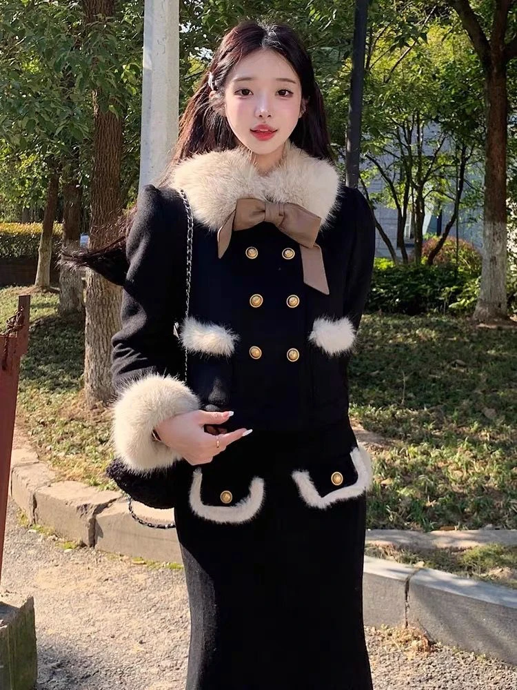 【千金黑】秋冬法式小香风财阀千金外套长裙毛领拼接短裙撞色套装