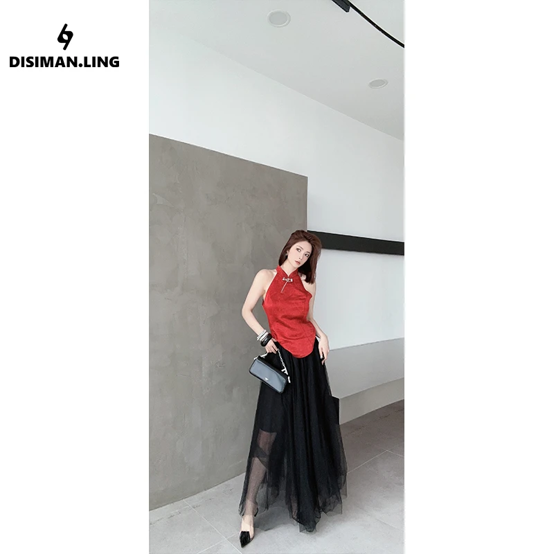 迪丝嫚苓黑色网纱半裙显瘦气质女士百搭原创时尚宽松小众设计感