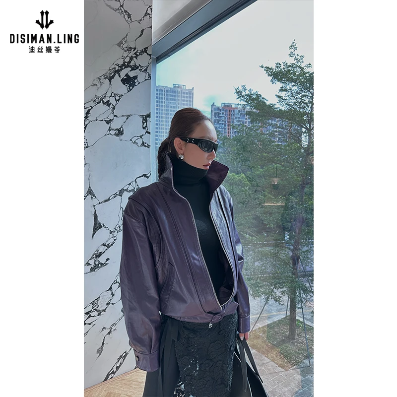 迪丝嫚苓紫色时尚皮外套红人上新百搭女士气质翻领秋冬小众设计感