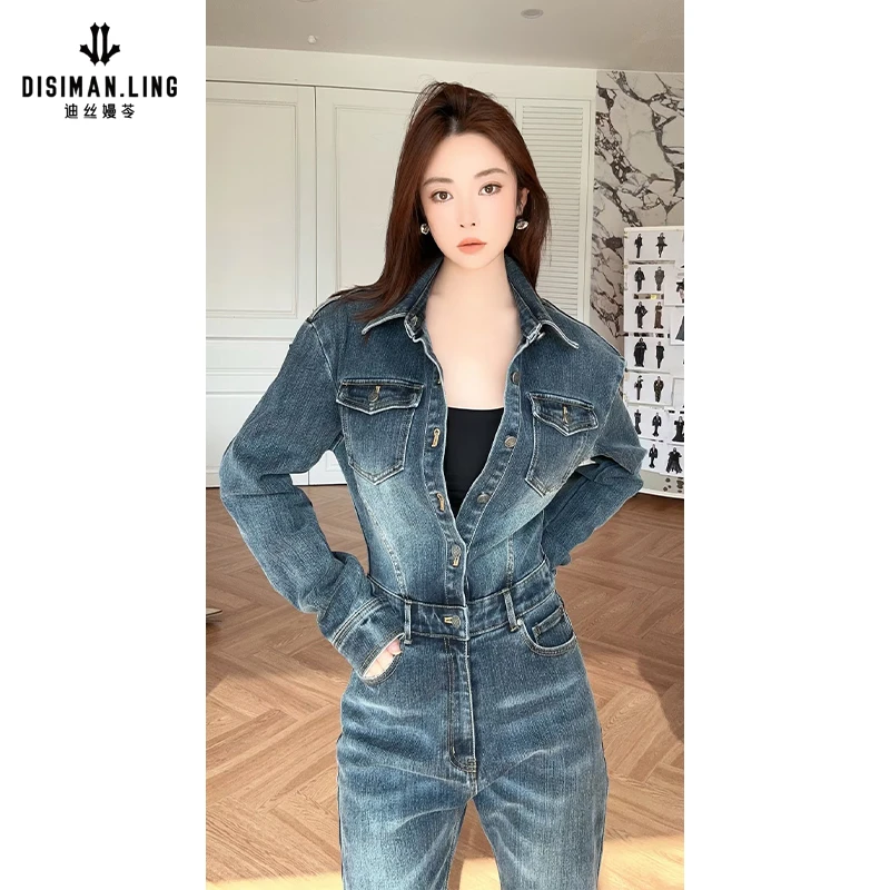 迪丝嫚苓蓝色牛仔连体裤时尚红人上新显瘦气质长袖高腰复古修身