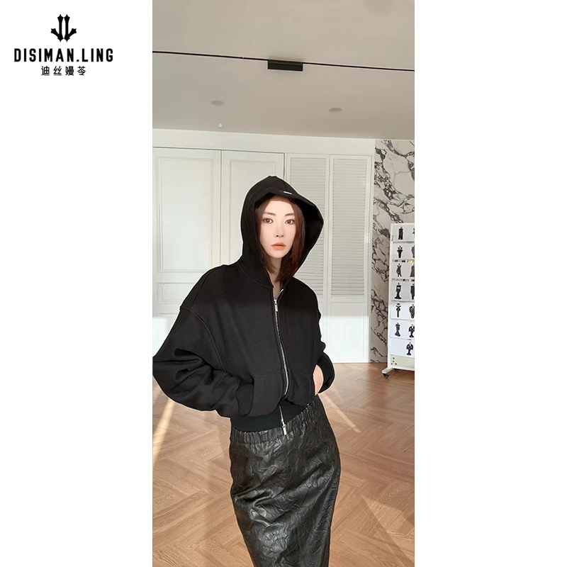 迪丝嫚苓黑色外套100%棉连帽短款时尚百搭女士显瘦优雅长袖小众