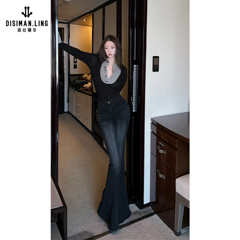 迪丝嫚苓黑色加绒牛仔裤显瘦时尚高腰百搭修身微喇叭小众设计感