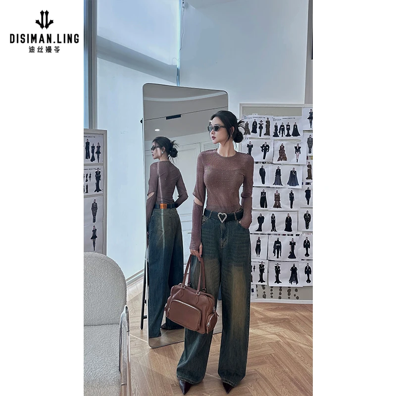 迪丝嫚苓显瘦牛仔裤时尚红人上新水洗宽松蓝色小众设计感原创设计