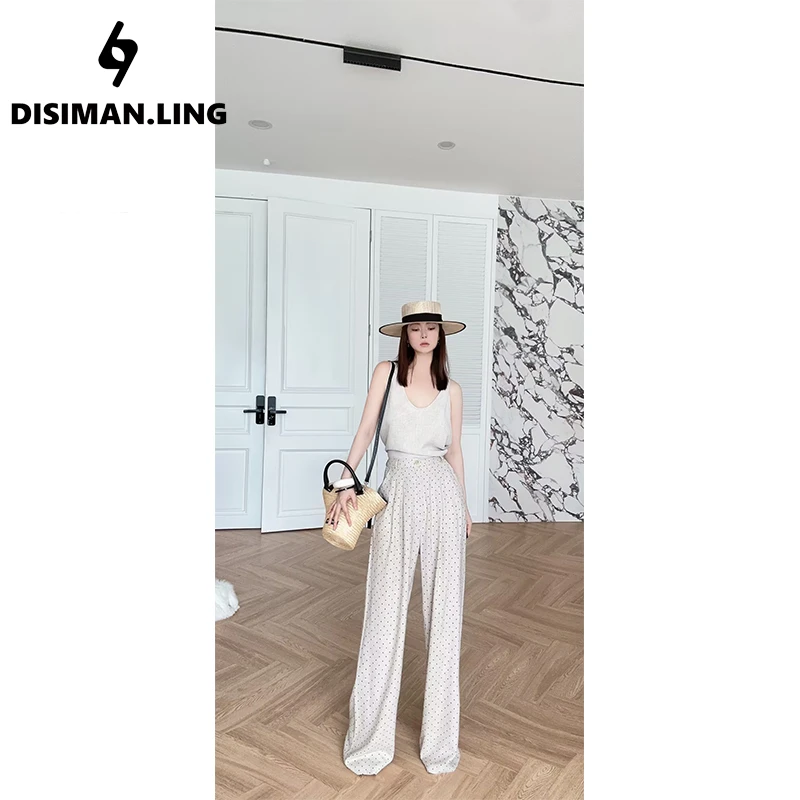 迪丝嫚苓杏黑波点裤子显瘦气质直筒时尚休闲女士夏季宽松外穿印花