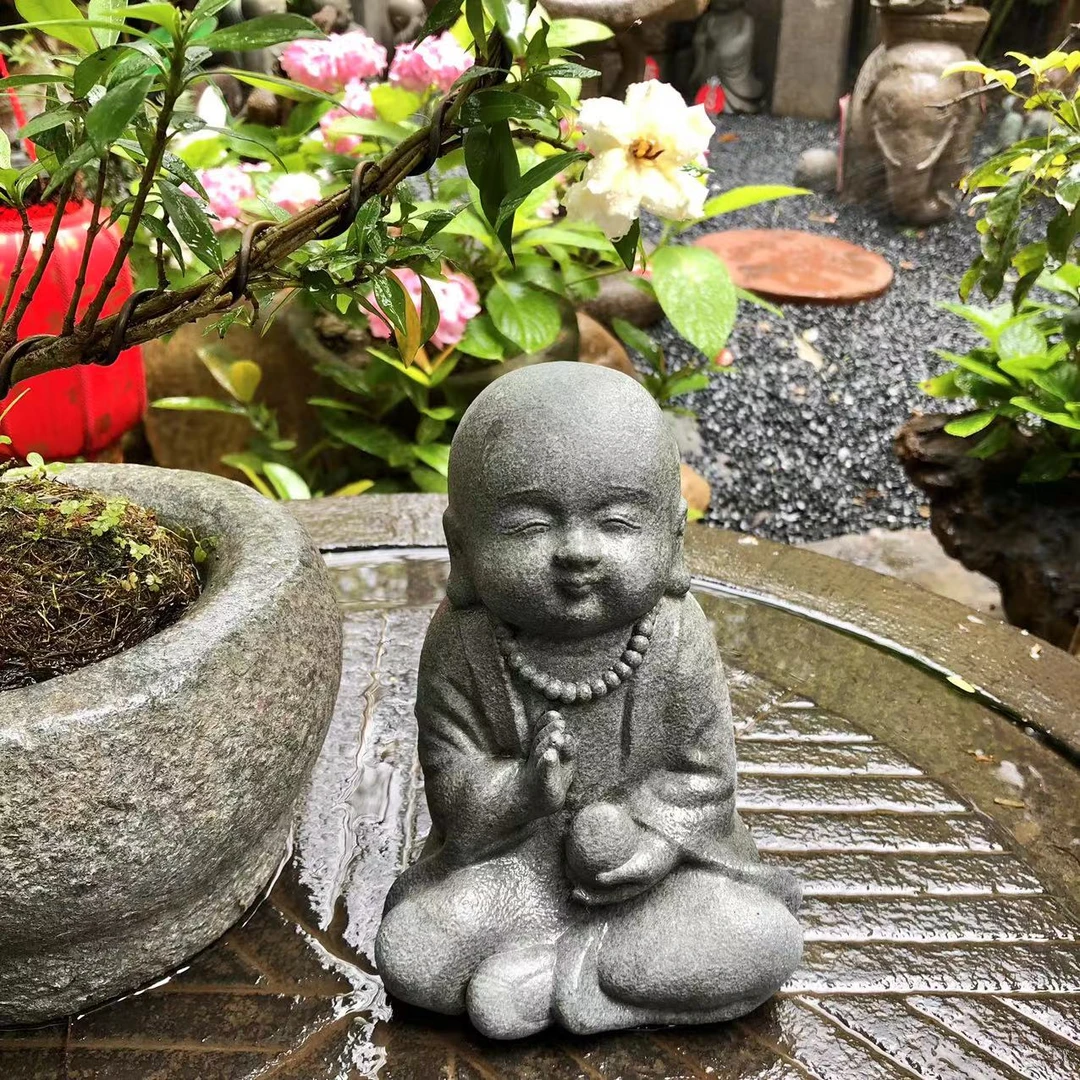 水磨坊寿桃沙弥桌面摆件中式庭院小和尚装饰品