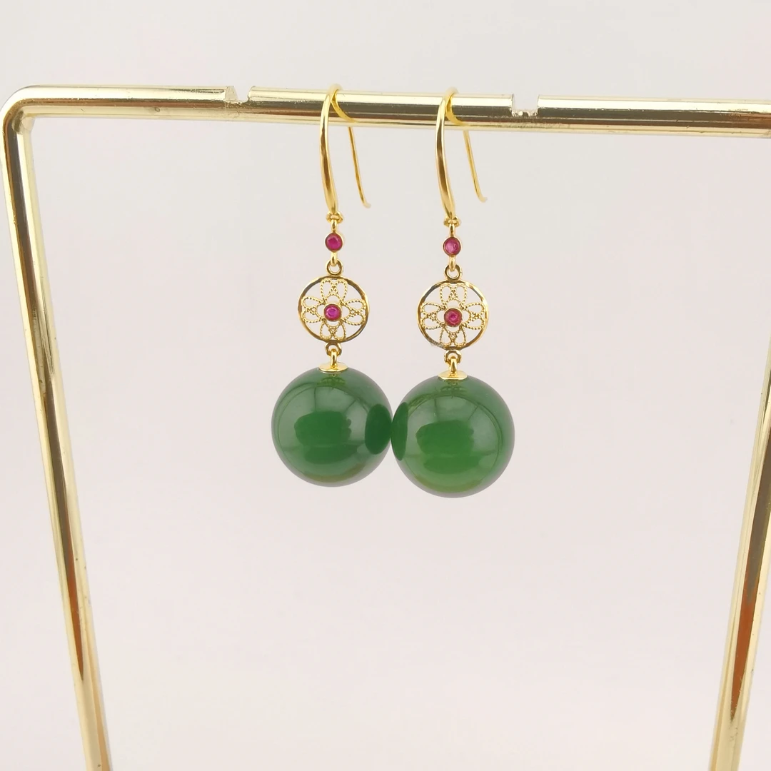 【洛一珠宝】和田玉俄罗斯碧玉12mm单珠金镶耳钩正阳绿无黑点