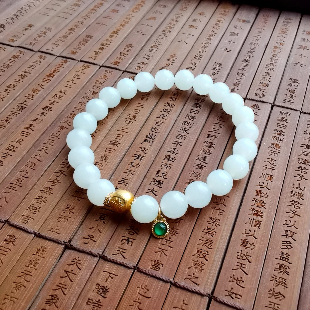 【洛一珠宝】新疆和田玉且末米达8mm设计款单圈手串白玉气质白色