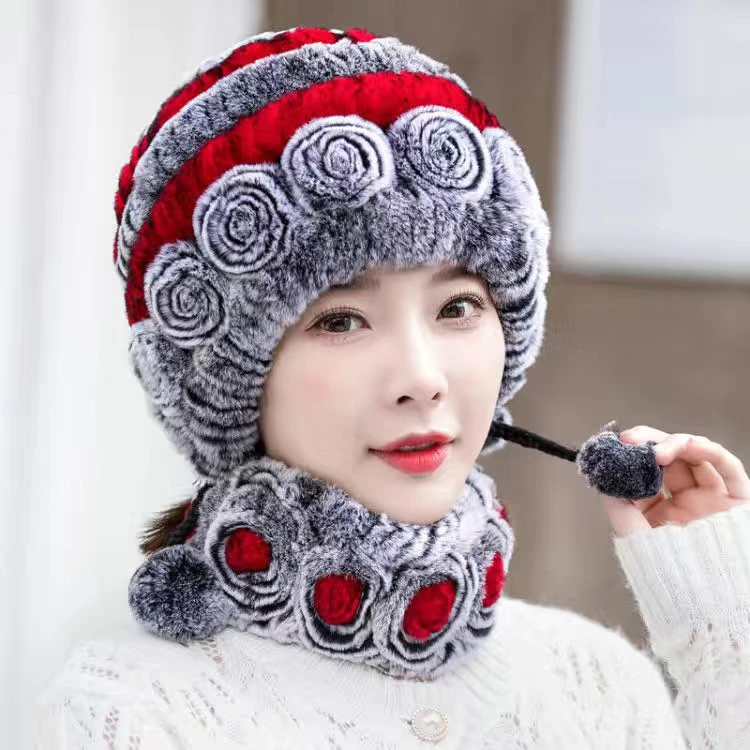 双球獭兔毛皮草保暖帽子百搭女士冬季加厚编织