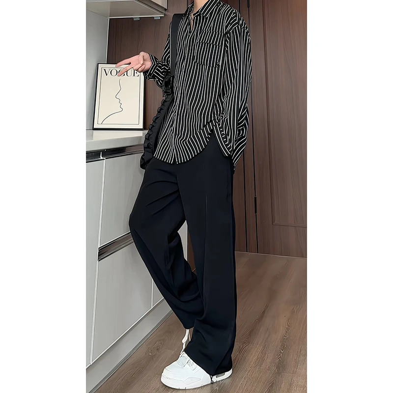 套装长袖条纹衬衫西裤两件套男潮流大码垂感上衣衬衣裤子休闲裤