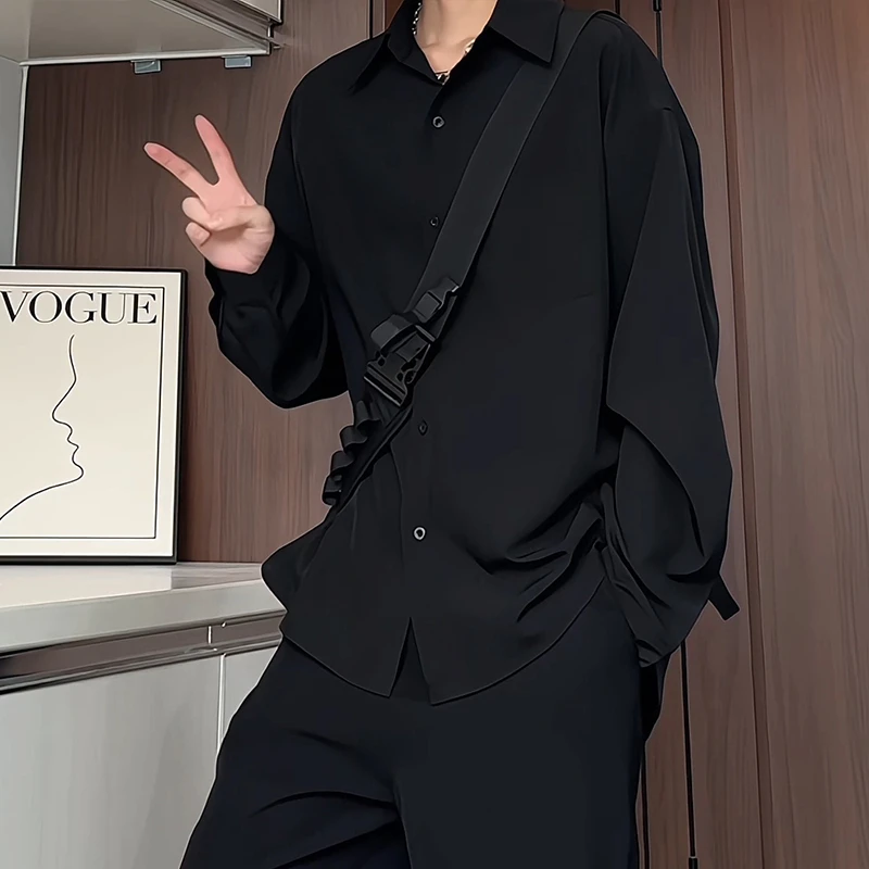 秋装新款长袖黑色衬衫男大码休闲痞帅白色衬衣潮百搭上衣户外休闲
