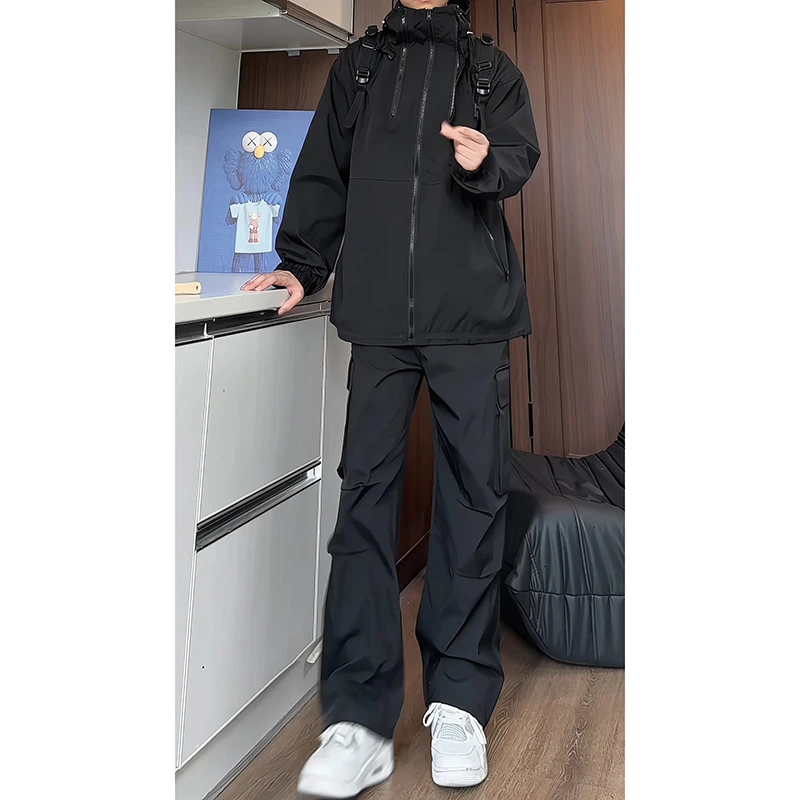 套装新款个性多拉链夹克裤子男士潮宽松学生百搭外套工装裤两件套