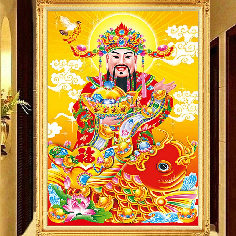 财神爷十字绣2025新款线绣客厅玄关过道手工自己刺绣竖版简约现代