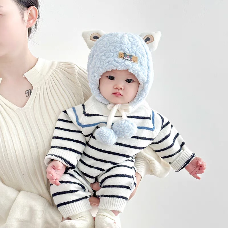 婴儿帽子秋冬季毛绒帽宝宝冬天加厚保暖护耳帽外出防风加厚包头帽