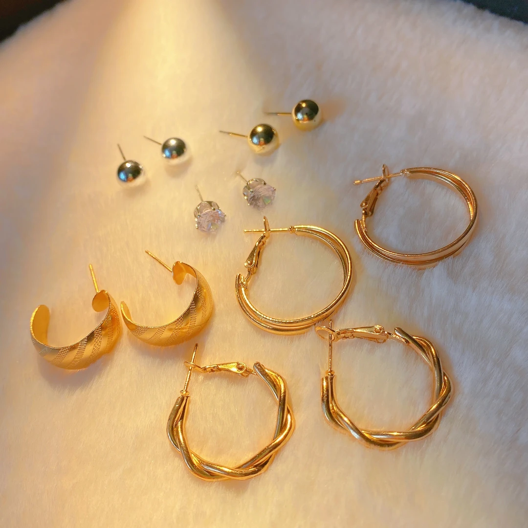 铜合金耳饰 【W999】6对一卡五金女孩气质耳圈个性简约素款耳扣耳圈