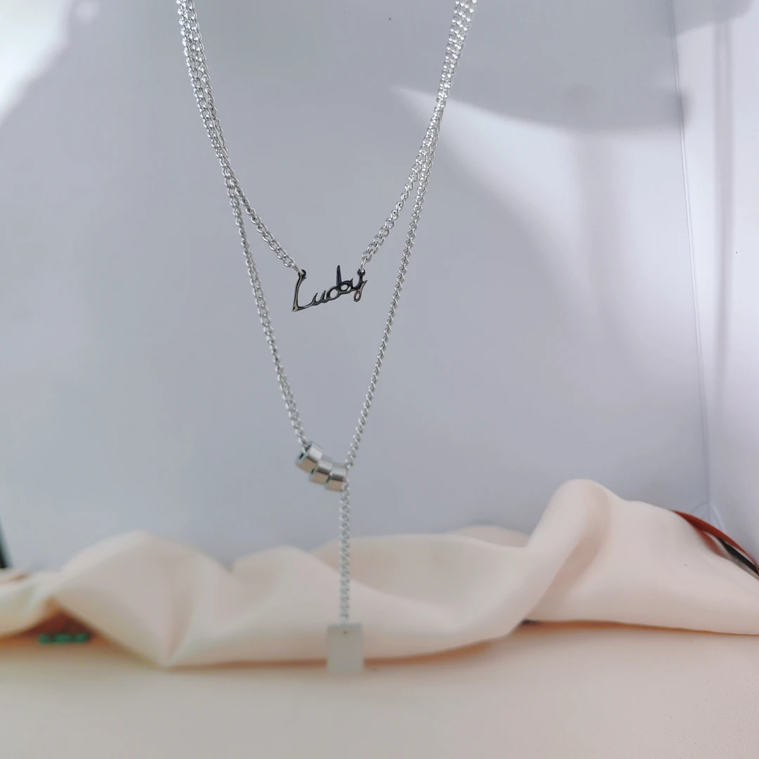 钛钢项链 R045时尚百搭双链银色简约一体锁骨链配饰项链